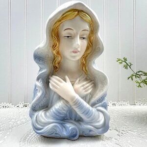Vintage Samson Import Relpo Porcelain Praying Madonna Planter Blue & White  10"